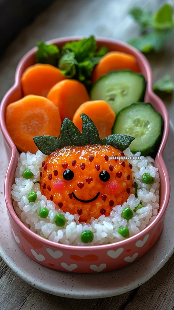 A bento box featuring a cute rice ball shaped and colored like an orange, with a smiling face and heart-shaped decorations. Surrounding it are green peas, carrot slices, cucumber slices, and mint leaves, all arranged in a pink container with heart patterns.