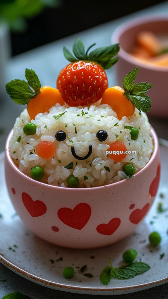 A bowl of rice shaped into a smiling face with peas and herbs, topped with a strawberry and decorated with carrot slices to resemble ears, in a pink bowl adorned with red hearts.
