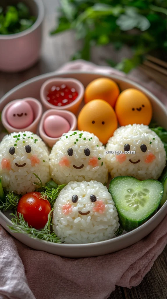 A decorative bento box featuring rice balls with cute faces, alongside small servings of colorful eggs, and vegetables like cherry tomatoes and cucumber slices, all arranged with greens and sauces in a circular bowl.