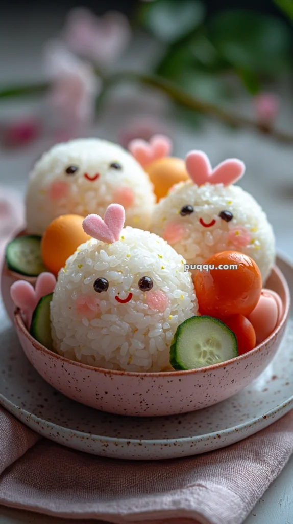 A bowl of cute onigiri rice balls with smiling faces and pink heart-shaped ears, accompanied by cherry tomatoes and cucumber slices, arranged on a speckled pink plate with a matching cup below.