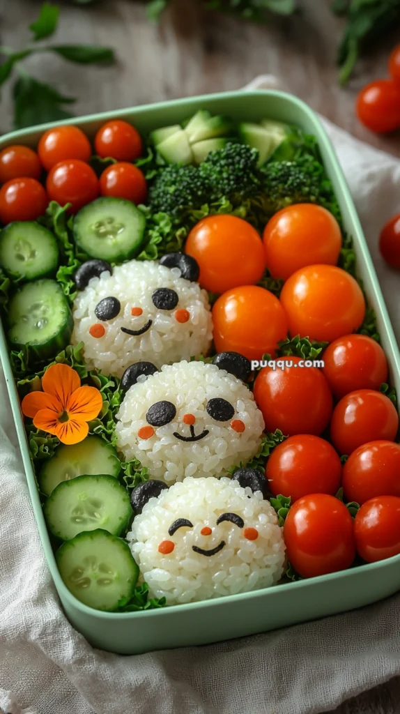 A bento box containing rice shaped like panda faces, decorated with seaweed and vegetables, alongside cherry tomatoes, cucumber slices, broccoli, and an edible orange flower.