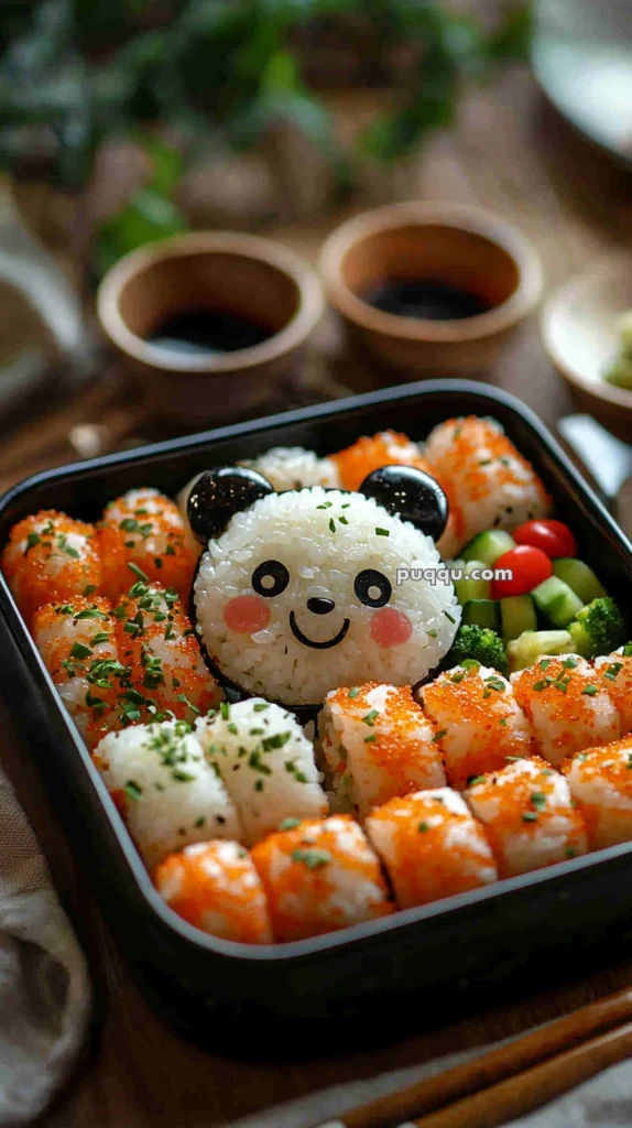 A bento box featuring a cute panda-shaped rice ball surrounded by sushi rolls topped with orange fish roe, garnished with green herbs. Accompanying the sushi are cherry tomatoes and sliced cucumbers, with soy sauce in the background.
