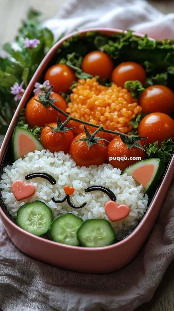 A bento box featuring a cute rice cat face, decorated with seaweed and pink heart shapes, surrounded by cherry tomatoes, lettuce leaves, and cucumber slices.