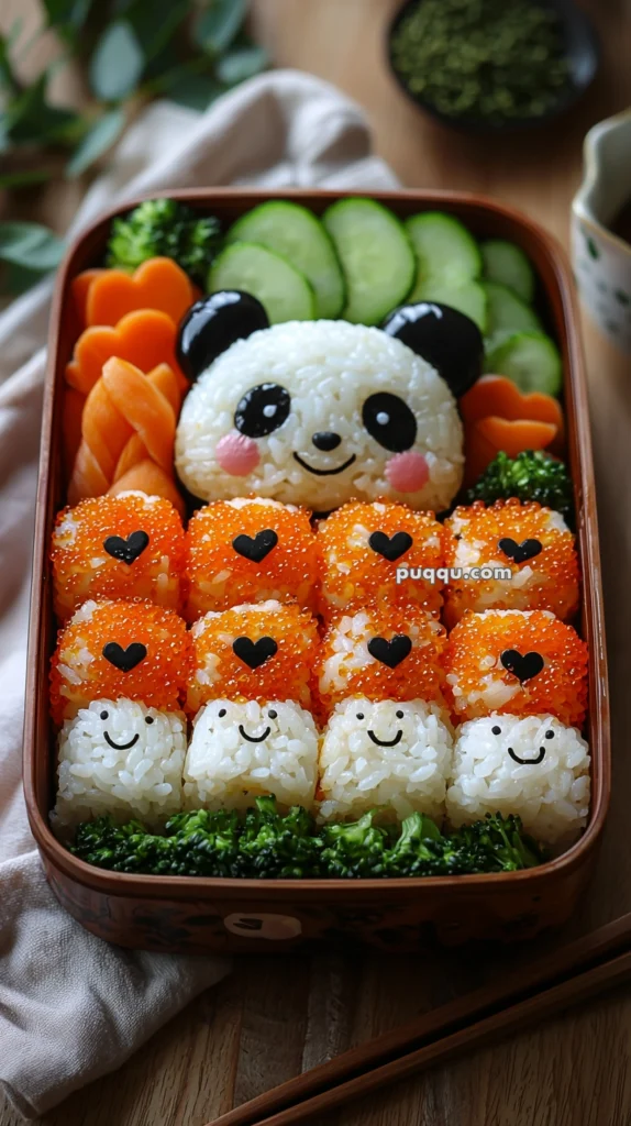 A bento box featuring rice shaped like a panda with a smiling face, surrounded by small balls of rice covered in orange fish roe with heart-shaped seaweed accents, alongside slices of cucumber, carrot flowers, and broccoli florets.