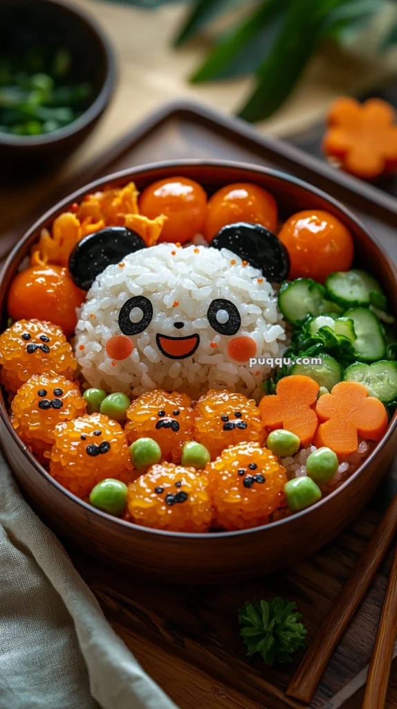 A decorative bento box meal featuring rice shaped like a panda's face, surrounded by small rice balls resembling orange creatures with eyes, peas, sliced cucumbers, and carrot flowers, all arranged in a wooden bowl.
