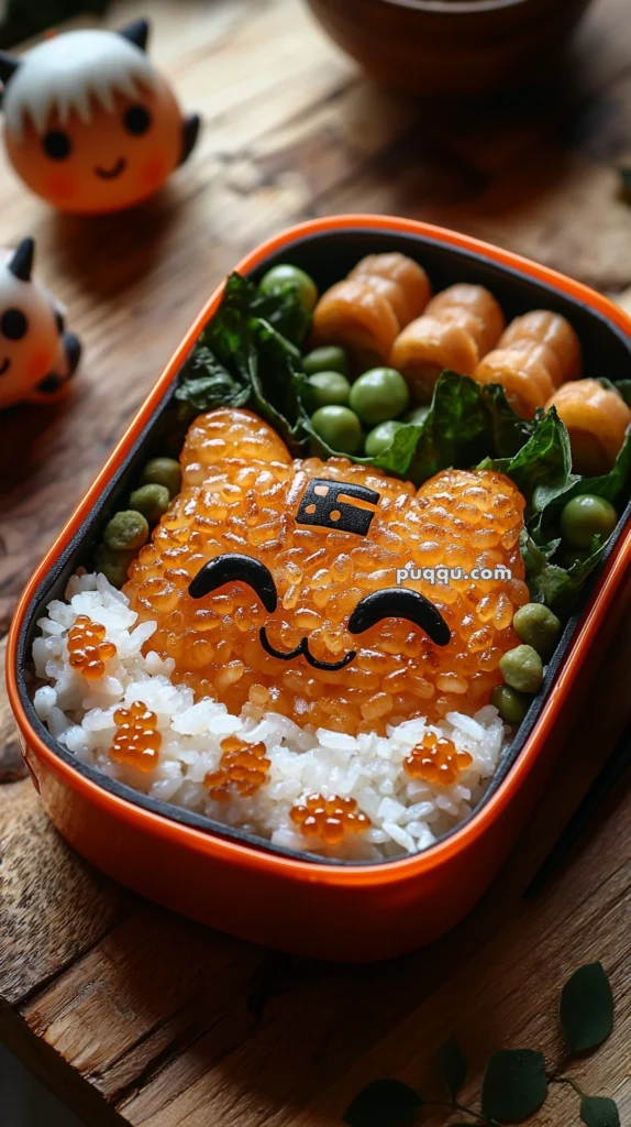 A bento box featuring a rice dish decorated with an orange cat face made of fish roe. The box also contains peas, rolled omelets, and leafy greens, presented in an orange container. Cute character decorations can be seen in the background.