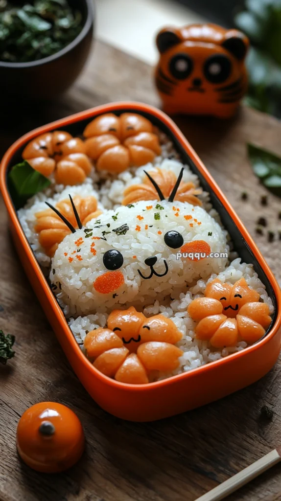 Cute bento box featuring rice shaped into a bear face with a smiling expression, accompanied by flower-shaped orange pieces and green leaves.