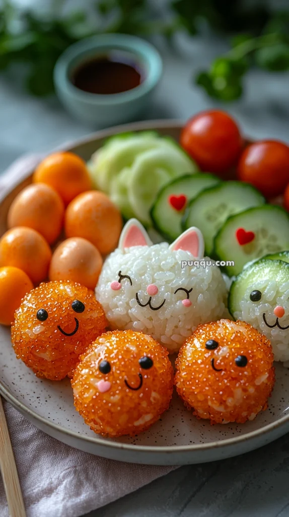 A plate of cute food art featuring rice balls shaped like animals: a white cat with pink ears and orange fish eggs, and smiley-faced orbs made from fish roe. Accompanied by sliced vegetables and cherry tomatoes with hearts on a ceramic plate.
