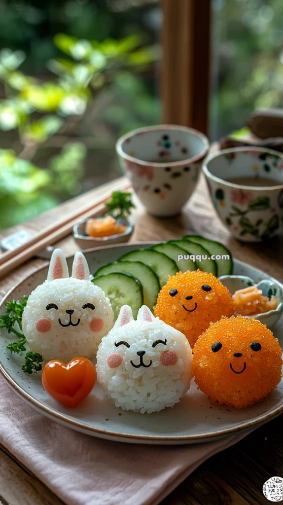 A plate featuring cute animal-shaped rice balls with smiling faces, decorated to resemble bunnies and other creatures, accompanied by cucumber slices and a small heart-shaped side dish. The background includes traditional Japanese teacups on a wooden table.