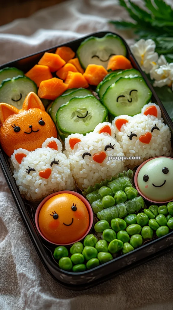 A bento box with adorable food art, featuring rice shaped into cute animal faces with orange and cucumber slices decorated with smiley expressions, accompanied by peas and bright orange sections.