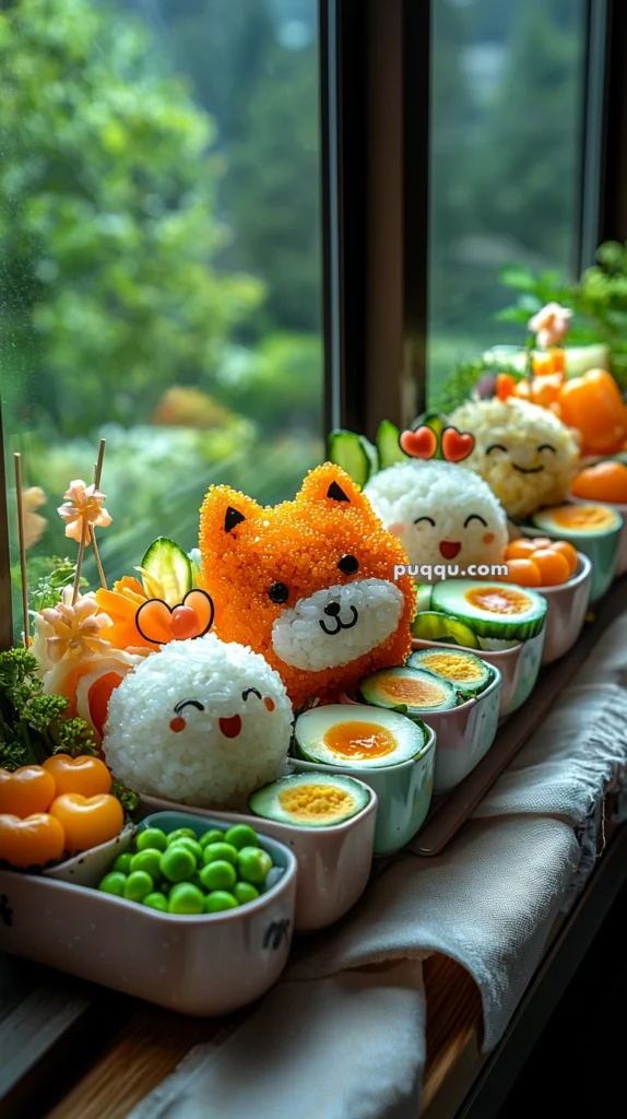 Bento boxes featuring rice balls shaped like cute animals, including an orange fox and smiling faces, alongside boiled eggs, green peas, and decorative vegetables, placed on a windowsill with a garden view.