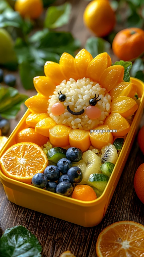 A decorative bento box featuring a sunburst design made of rice and fruit. The sun's face is crafted from rice with facial features from small edible decorations, surrounded by orange fruit slices resembling sun rays. The box also contains an assortment of fresh fruits including blueberries, kiwi, and slices of citrus fruit, all arranged neatly inside a yellow container.