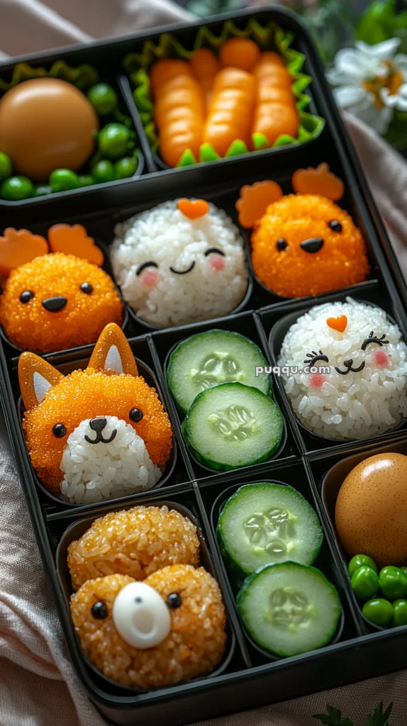A bento box featuring cute animal-themed rice balls, sliced cucumbers, eggs, and peas. The rice balls are styled with facial features resembling animals like a fox, a bear, and two smiling faces, with vibrant orange roe for detail.