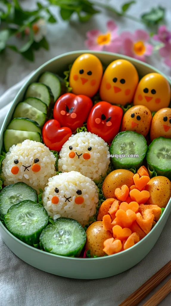 A bento box with cute food art, featuring rice balls with smiling faces, chick-shaped yellow eggs, heart-shaped red peppers, sliced cucumbers, small potatoes, and carrot pieces cut into heart shapes, all arranged neatly.