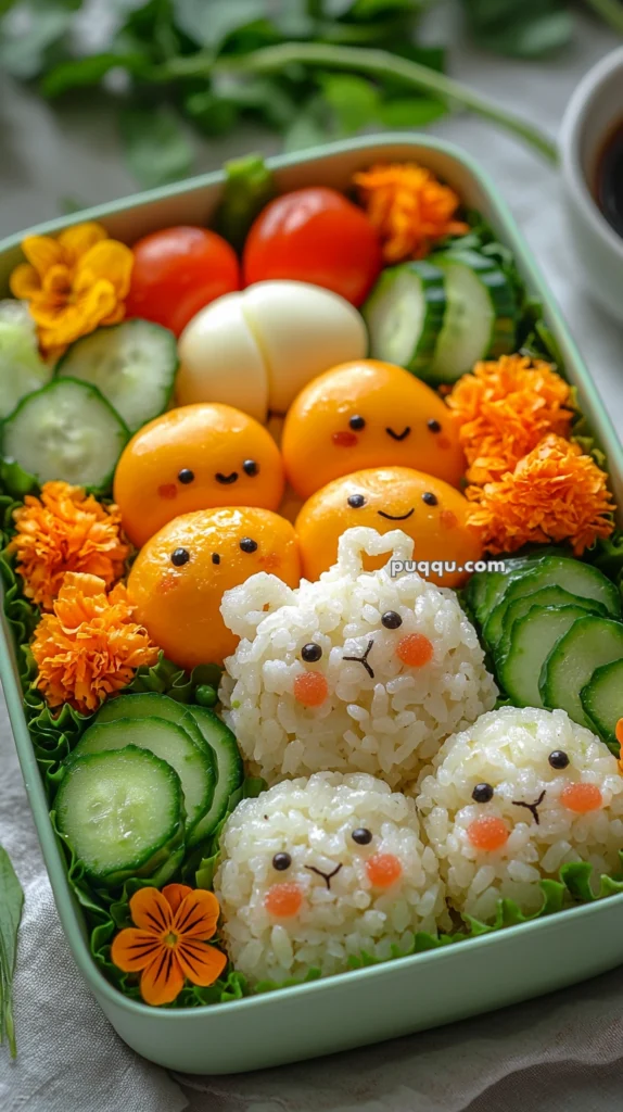 A colorful bento box featuring rice shaped like cute animals, surrounded by cucumber slices, cherry tomatoes, and marigold flowers. The rice is adorned with eyes and blush made from seaweed and carrots, and egg halves with smiling faces sit in the center.