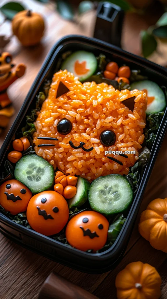 A bento box featuring an orange rice ball shaped like a cat face, with black seaweed eyes, nose, and whiskers. Surrounding the rice are sliced cucumbers and cherry tomatoes decorated to resemble jack-o'-lanterns, placed on a bed of greens. The setting includes additional pumpkin decorations and a wooden surface.