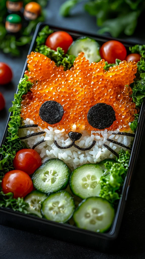 A bento box featuring rice and ingredients arranged to look like a cat's face, with orange fish roe forming the head, nori for eyes and whiskers, and surrounded by lettuce, cherry tomatoes, and cucumber slices.