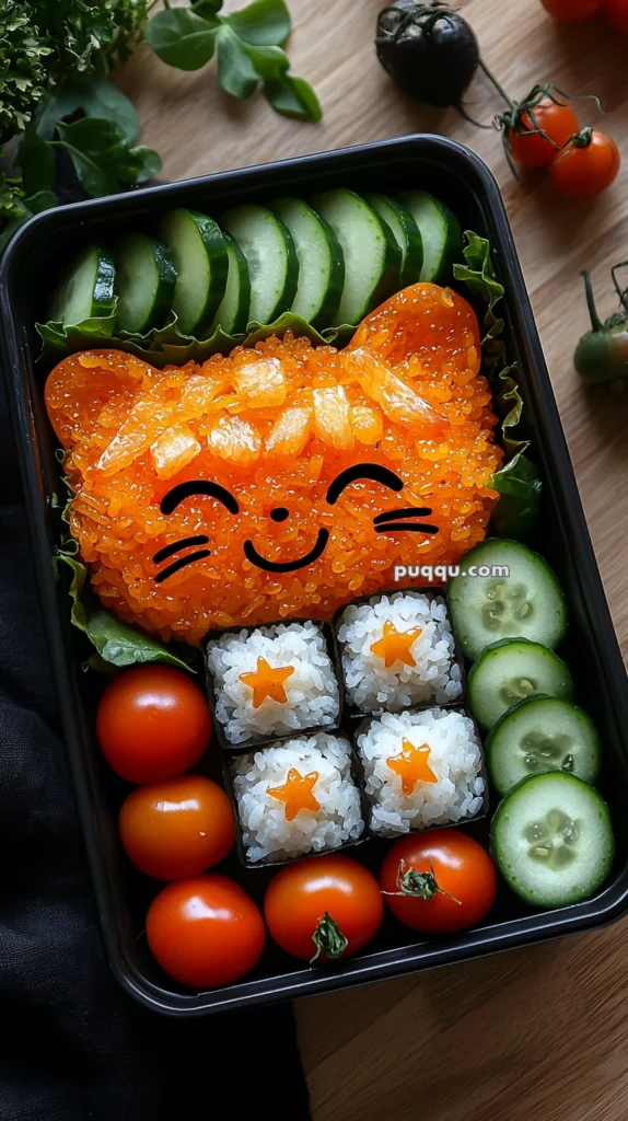 A bento box featuring a cat-shaped rice ball covered in orange fish roe with a smiling face, surrounded by cucumber slices. Below it are sushi rolls with star-shaped carrot centers and cherry tomatoes.