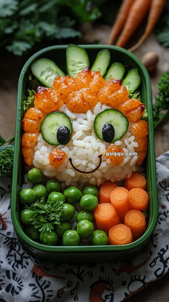 A creative bento box featuring a cute face made of rice with cucumber slices for eyes, nori as pupils, and a smiling mouth. The face is surrounded by orange segments resembling hair, with green peas and sliced carrots arranged neatly at the sides.