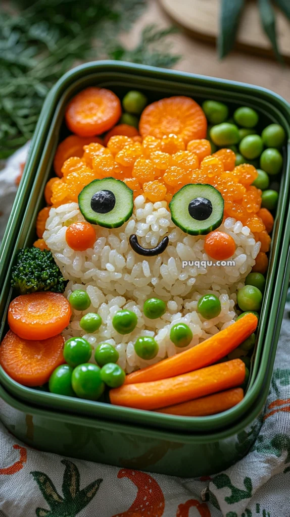 A bento box featuring a cute face made from rice, decorated with eyes of cucumber slices and black olives, a carrot slice for a nose, and a seaweed smile. The hair is made from fish roe, surrounded by additional vegetables such as broccoli, carrot slices, and peas.