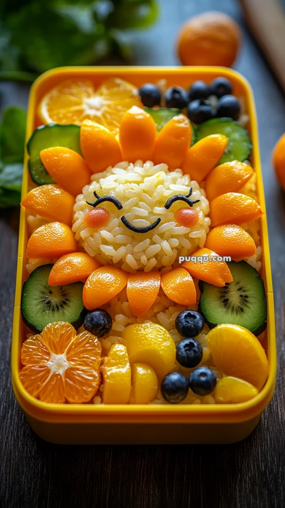 A bento box arranged with rice shaped like a smiling sun, surrounded by fruit such as orange slices, blueberries, and kiwi, with a face made from decorative food items.