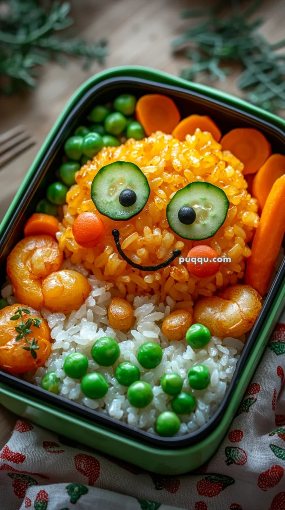 A bento box with a cute face made from rice and vegetables. The face is crafted using seasoned rice with cucumber slices for eyes, decorated with small black circles as pupils, carrot rounds as cheeks, and a smile created from black food decoration. The bento also includes green peas and slices of orange colored vegetables.