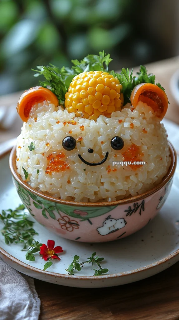 A rice dish styled to resemble a bear's face with a smiling expression, using corn and vegetables as decorative features, placed in a patterned pink bowl on a plate adorned with small flowers and herbs.