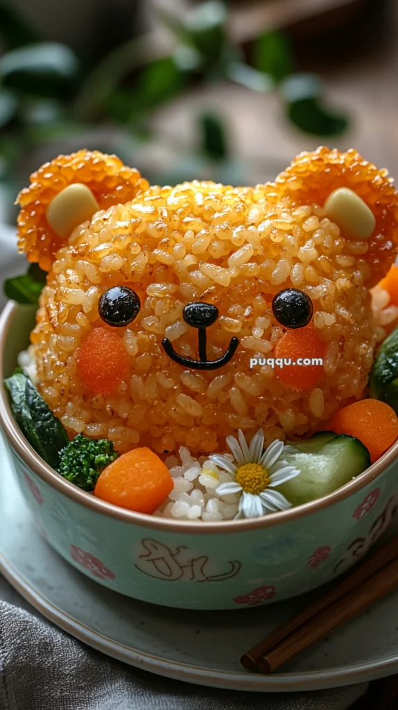 A cute bear-shaped rice ball made from orange-colored rice, with facial features created from seaweed and vegetables, sits in a bowl along with cooked vegetables and a small flower as garnish.