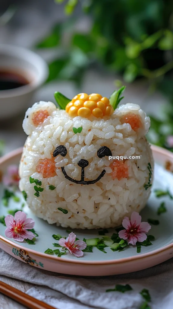 Cute rice ball shaped like a bear with a smiling face, decorated with small vegetables and flowers, on a plate with floral designs.