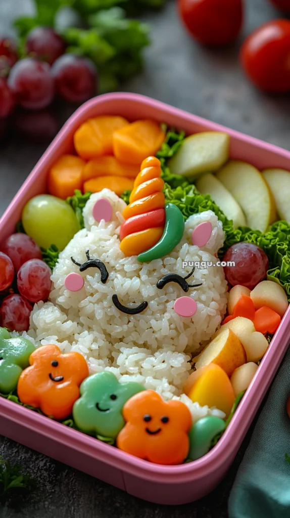 A bento box containing rice shaped like a unicorn with a colorful horn, surrounded by assorted fruits and vegetables including grapes, apple slices, lettuce, and carrot flowers.