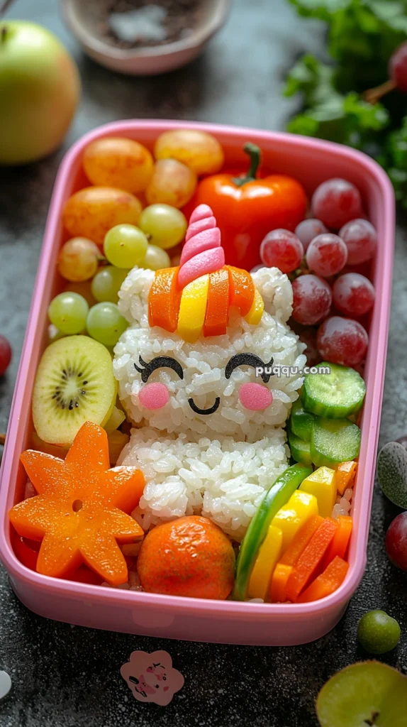 A colorful bento box featuring rice shaped like a cute unicorn with pink cheeks, surrounded by fruits and vegetables including kiwi, grapes, orange bell pepper, cucumber slices, and a decorative star-shaped carrot slice.