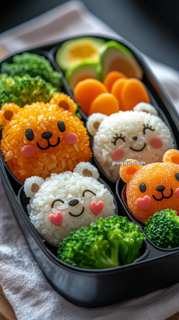 A bento box featuring rice balls shaped like cute bear faces, with details like pink cheeks and smiling expressions, accompanied by broccoli, sliced carrots, and a boiled egg.
