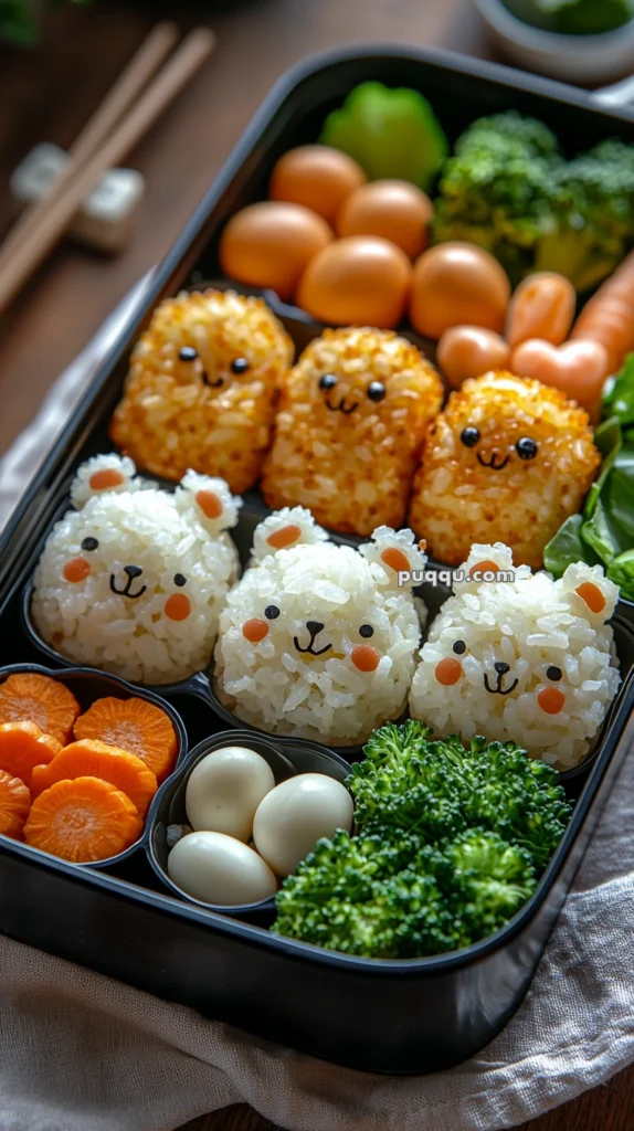 A bento box featuring rice balls shaped like cute animal faces, with seaweed eyes and carrot cheeks, surrounded by broccoli, carrots, boiled eggs, and small sausages.