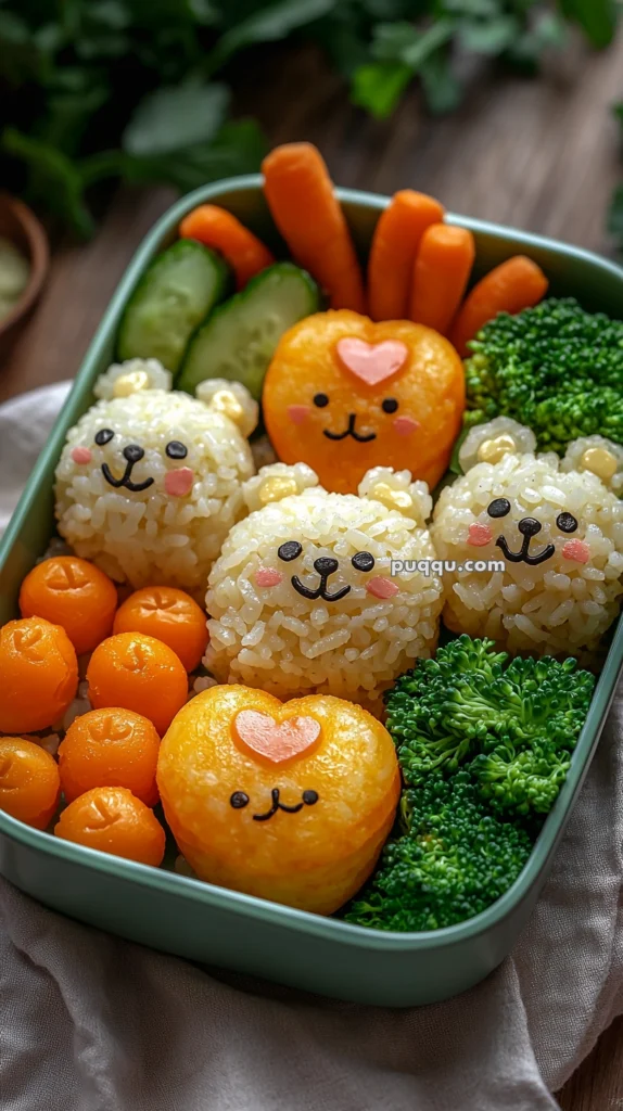 A bento box featuring rice crafted into smiling animal faces with seaweed and cheese for details, complemented by carrots, mini tomatoes, cucumber slices, and broccoli.