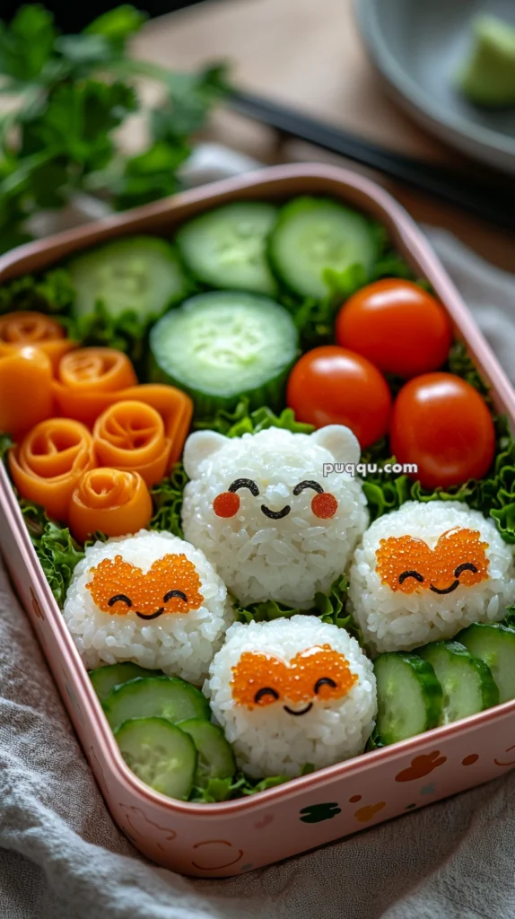 A bento box filled with cute rice balls shaped like animals with smiling faces, surrounded by slices of cucumber, cherry tomatoes, and carrot roses, all arranged neatly on a bed of lettuce.