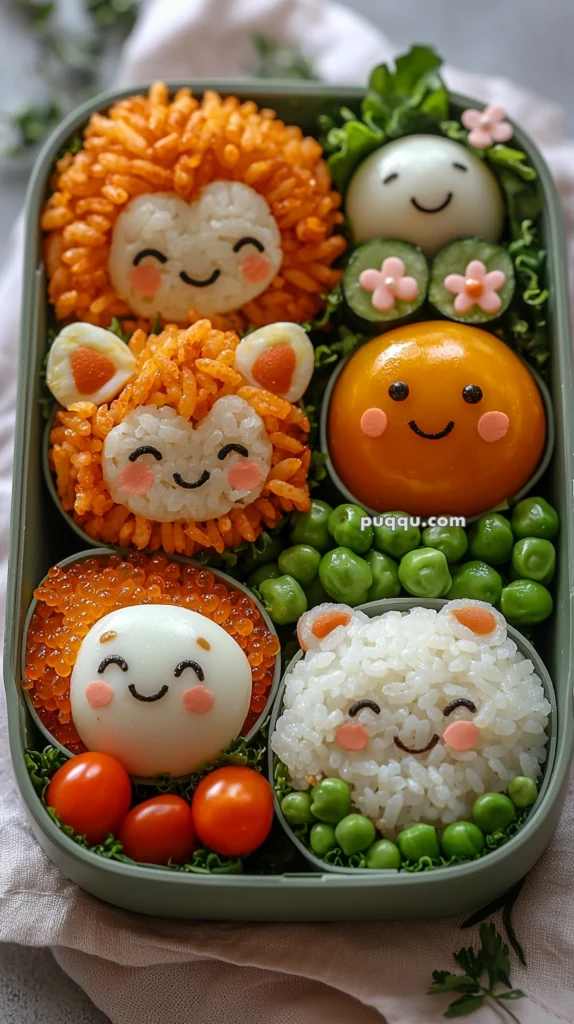 A bento box featuring cute animal-themed rice balls resembling a lion, a bear, and a seal, all with smiling faces. The rice balls are decorated with colorful ingredients like orange rice, seaweed, and cherry tomatoes, alongside green peas and carrot flowers, creating a playful and vibrant presentation.