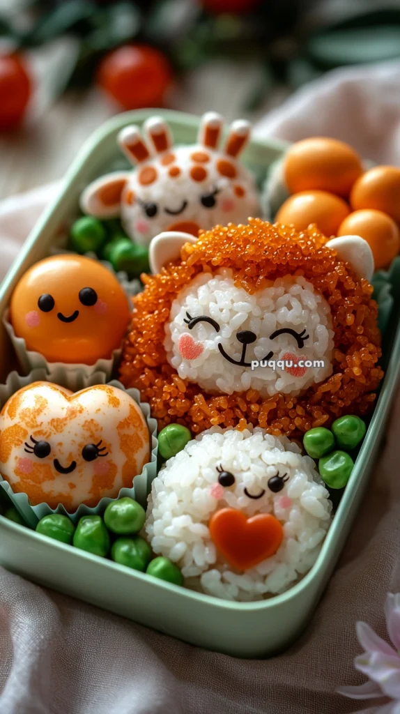A bento box featuring cute rice balls shaped like animals with smiling faces, surrounded by peas and orange food items resembling fruit or vegetables, in an artistic presentation.