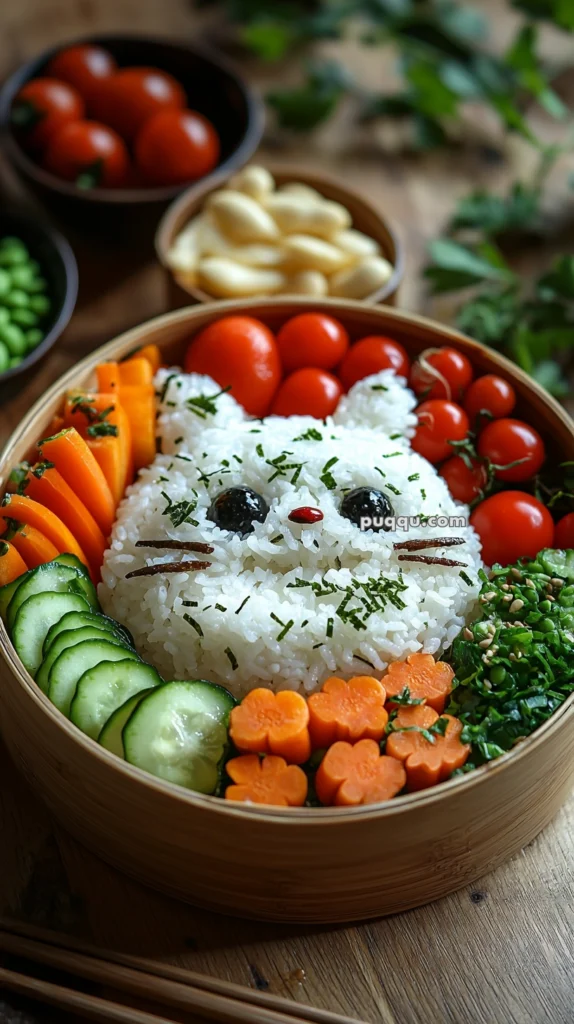 A bento box containing a rice ball shaped like a cat's face, surrounded by sliced cucumbers, carrot flowers, cherry tomatoes, edamame, and greens, garnished with nori and sesame seeds.