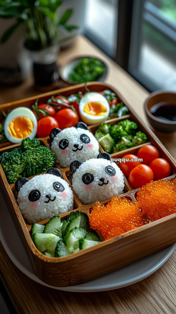 A bento box filled with decorative rice balls shaped like panda faces, surrounded by vibrant vegetables like broccoli, cherry tomatoes, and sliced cucumbers, along with a serving of orange roe and a soft-boiled egg, placed on a wooden table.