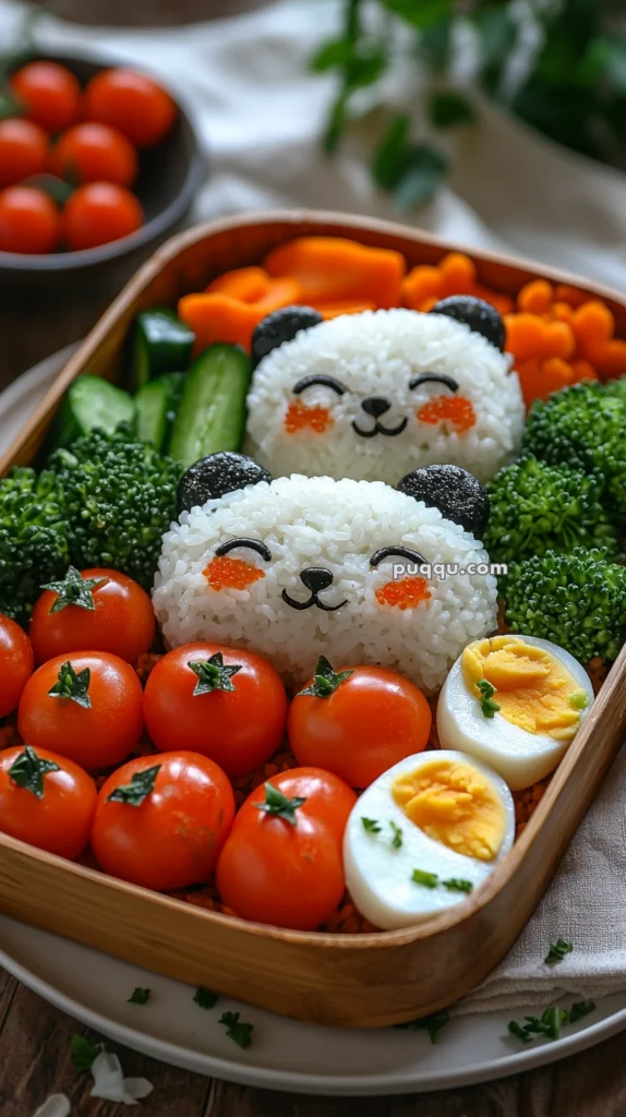 A bento box containing rice shaped like a cute panda face, surrounded by vegetables including broccoli, sliced cucumbers, cherry tomatoes, carrot sticks, and a halved boiled egg.