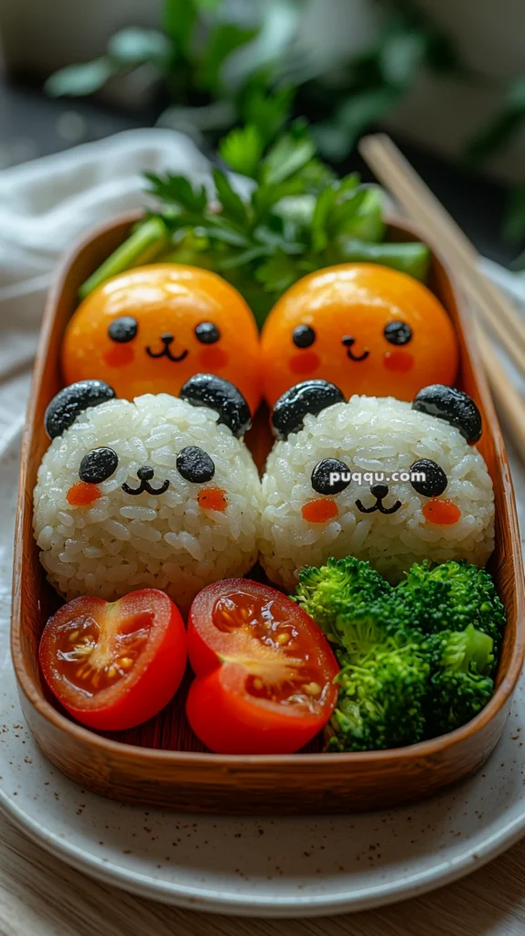 A bento box featuring two rice balls shaped like pandas with nori for eyes and ears, two orange fruits with cute faces, cherry tomato halves, and broccoli florets, placed on a wooden table.