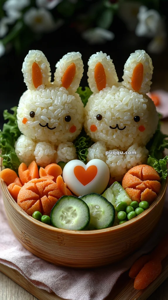 A bento box featuring two cute rice rabbits, with carrot ears and facial details, surrounded by sliced cucumbers, peas, and carved carrot flowers, along with a heart-shaped element in the center.
