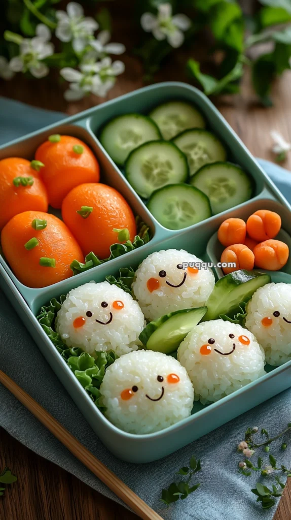 A cute bento box featuring rice balls with smiling faces, orange persimmons adorned with green onions, sliced cucumbers, and small carrot flowers, arranged neatly on a bed of lettuce.