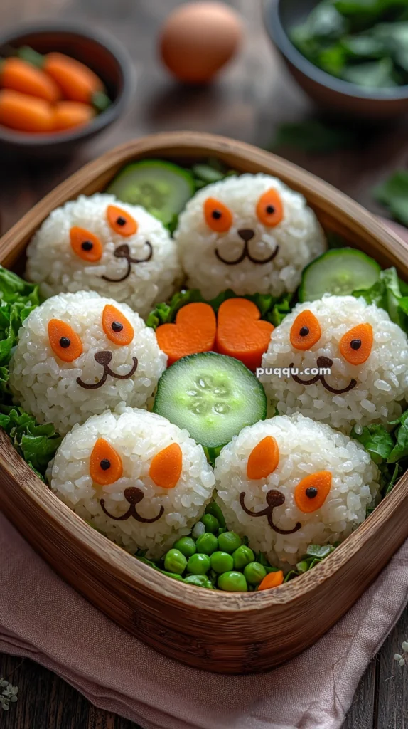 A bento box featuring rice balls shaped like panda faces, with details made from carrots and seaweed, accompanied by green peas, lettuce, cucumber slices, and additional carrot pieces.