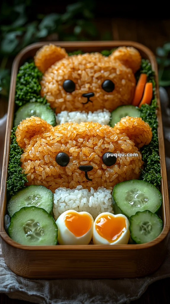 A bento box featuring rice shaped into two bear faces with seaweed for eyes and nose, surrounded by leafy greens, cucumber slices, carrot sticks, and two boiled eggs with heart-shaped yolks.