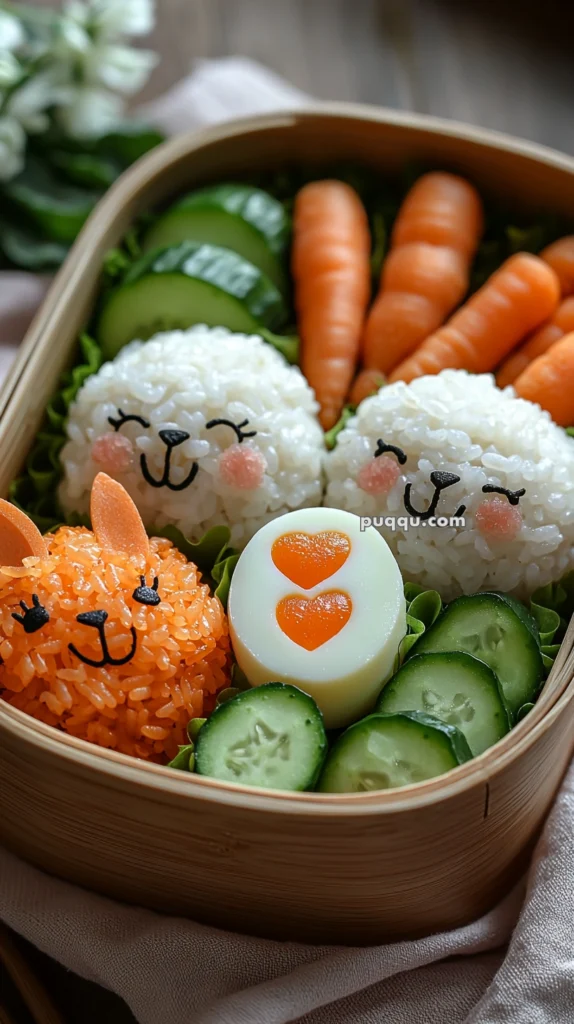 A bento box featuring rice shaped like cute animal faces, with two white rice balls adorned with smiling eyes and pink cheeks, an orange rice ball resembling a rabbit, slices of cucumber, and an egg with heart-shaped carrots inside, surrounded by baby carrots.