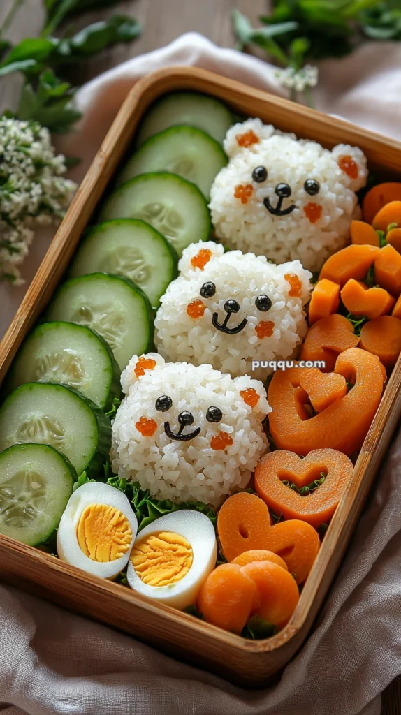 A bento box with rice shaped into cute bear faces, surrounded by sliced cucumbers, heart-shaped carrots, and halved boiled eggs, arranged on leafy greens.