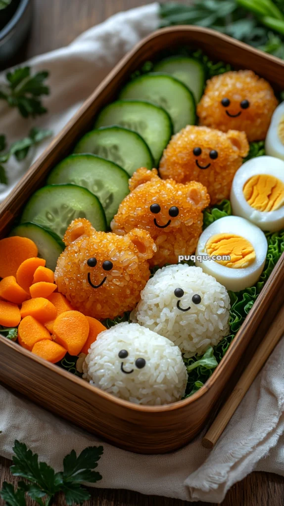 A bento box filled with playful rice balls shaped like bears and round faces, cucumber slices, carrot pieces, and half a boiled egg, all arranged neatly on a bed of greens.