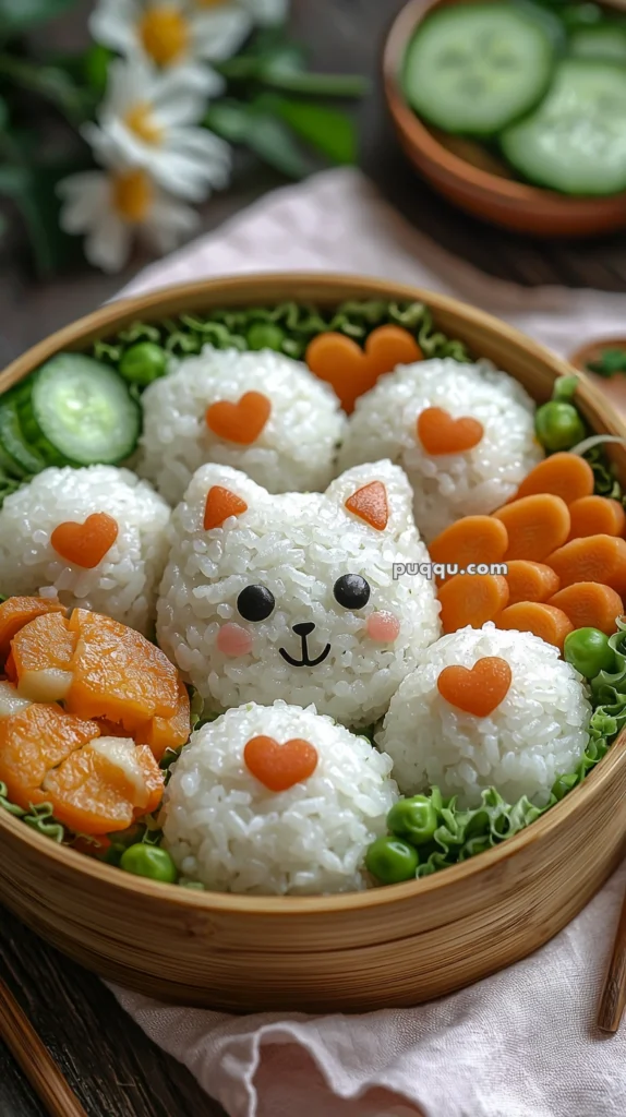 A bento box featuring rice balls shaped like a cute animal face with carrot hearts, surrounded by sliced carrots, cucumbers, and lettuce.