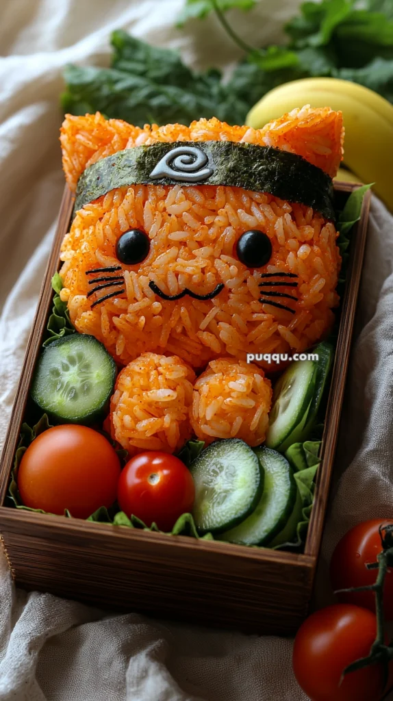 A bento box featuring rice shaped like a cartoon cat, complete with a seaweed headband and facial features made from seaweed and olives, surrounded by cucumber slices and cherry tomatoes.